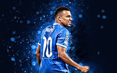 4k, kylian mbappé, vista trasera, luces de neón azules, real madrid, la liga, futbolistas franceses, kylian mbappé 4k, fútbol americano, real madrid fc, fútbol, laliga, real madrid cf, kylian mbappé real madrid