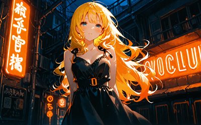 4k, mayu, noche, calle, vocaloide, letreros de neón naranja, vocaloid3, personajes vocaloides, manga, mayu vocaloid