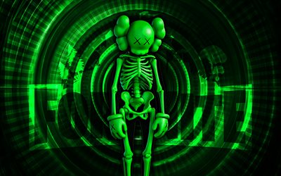 Green KAWS Skeleton Fortnite, 4k, green spiral background, Fortnite, creative, Green KAWS Skeleton Skin, Fortnite Green KAWS Skeleton Skin, Green KAWS Skeleton, Fortnite characters