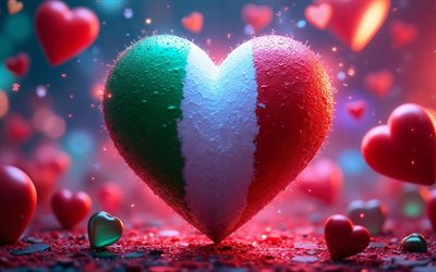 4k, I Love Italy, bokeh, colorful background, darkness, Day of Italy, flag of Italy, heart with italian flag, artwork, 3D hearts, italian flag, Italy, Love for Italy