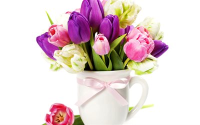 Tulipani, tulipani colorati, bouquet di tulipani in vaso