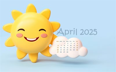 calendrier avril 2025 avril, 4k, dessin animé 3d soleil, avril 2025, calendriers de printemps, arrière plans bleus, calendrier avril 2025, éléphants, 2025 concepts, soleil de dessin animé, calendriers d'avril, calendriers 2025, avril