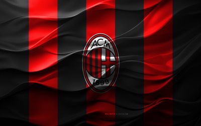 4k, logo ac milan, sfondo 3d nero rosso, serie a, emblema ac milano, squadra di calcio italiana, bandiera ac milan, texture 3d, italia, ac milano, calcio, milano