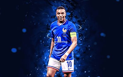Kylian Mbappe, 4k, blue neon lights, France national football team, french footballers, Kylian Mbappe 4K, football, soccer, national teams, FFF, Kylian Mbappe France Team