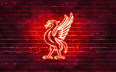 Liverpool FC neon logo, 4k, red brickwall, Premier League, soccer, Liverpool FC logo, football, Liverpool FC emblem, Liverpool logo, english football club, Liverpool FC, LFC