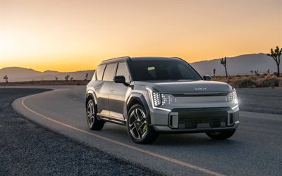 2025, kia ev9, 4k, フロントビュー, 外観, 新しい灰色の起亜ev9, 2025グレーev9, 電気自動車, ev9 gt, 韓国車, 起亜