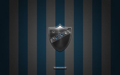 club aurora logo, bolivianer fußballverein, bolivianische division professional, blau weißer kohlenstoffhintergrund, club aurora emblem, fußball, club aurora, bolivien, aurora fc