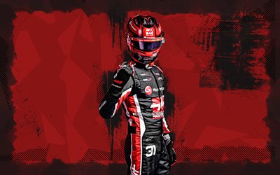 4k, esteban ocon, kırmızı grunge arka plan, haas f1 takımı, formül 1, fransız yarış sürücüleri, f1, esteban ocon 4k, yaratıcı, motor sporları, f1 yarışı, esteban ocon haas