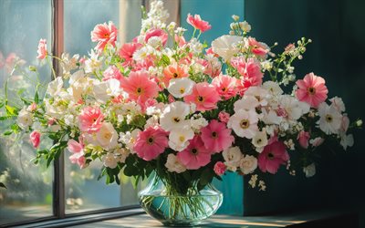 bouquet di petunie colorate, fiori primaverili, petunie rosa, petunie bianche, background con petunie, bellissimo bouquet, petunie in un vaso, petunie