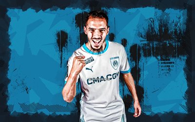 4k, ismael bennacer, fond grunge bleu, marseille fc, ligue 1, footballeurs algériens, ismael bennacer 4k, football, olympique de marseille, olympique marseille fc, ismael bennacer marseille