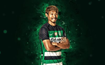 hidemasa morita, 4k, grüne neonlichter, sporting cp, primeeira liga, japanische fußballer, hidemasa morita 4k, fußball, liga portugal, sporting fc, sporting lissabon, hidemasa morita sporting