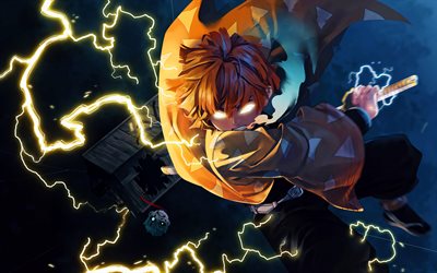 zenitsu agatsuma, 4k, 夜, kimetsu no yaiba, 黄色い照明, 漫画, 剣, 主人公, 照明, アートワーク, 鬼滅の刃, ゼニツ, zenitsu agatsuma kimetsu no yaiba