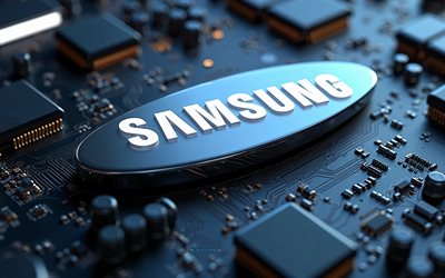 samsung 3dロゴ, 4k, 黒いマザーボード, サムスンのエンブレム, サムスンのロゴ, samsung 3dロゴ付きの背景, ハイテク背景