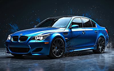 bmw m5, 4k, spruzzi di vernice, e60, oscurità, opera d'arte, supercar, tunnig, blue bmw m5 e60, creativo, bmw m5 e60, auto tedesche, bmw