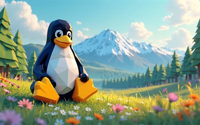 logo linux origami, 4k, logo linux, polygon 3d summer landscape, polygone green trees, linux, art créatif, pingouin linux
