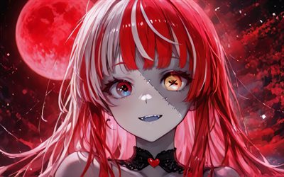 4k, kureiji ollie, luna rossa, youtuber virtuale, avvicinamento, vtuber, zombie, ritratto, olanto, eterocromia, manga, kureiji ollie channel