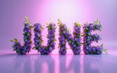 4k, juin, lettres florales violettes, minimalisme, contexte abstrait violet, concepts de juin, noms de mois, inscription de juin, mot de juin, contexte avec juin
