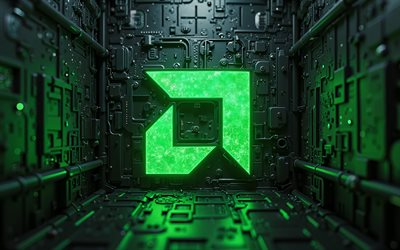 4k, amd green glitter  logo, metallitausta, tehdas, vihreät neonvalot, amd 3d  logo, taideteos, amd metal  logo, amd  logo, elektroniikkabrändit, amd