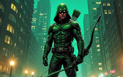 4k, flèche verte, art des bandes dessinées, super héros, bandes dessinées dc, paysage nocturne, art abstrait, green arrow 4k
