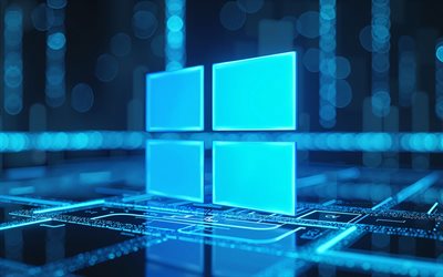 Windows 10 logo, 4k, blue hi-tech background, Windows 10, Windows emblem, blue neon light, Windows, creative Windows logo