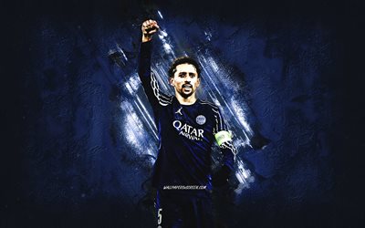marquino, psg, calciatore brasiliano, paris saint germain, sfondo di pietra blu, grunge art, ligue 1, francia, calcio, marquinhos paris saint germain, marcos aoas corr