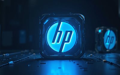 HP logo, 4k, hi-tech background, Hewlett-Packard logo, blue neon light, HP, Hewlett-Packard emblem, creative art
