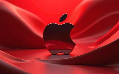 Apple 3d logo, 4k, abstract red 3d background, Apple logo, red 3d background, Apple emblem, Apple, background with Apple logo