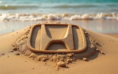 Honda logo, 4k, summer, Honda logo made of sand, beach, 3d Honda logo, sand, Honda emblem, Honda
