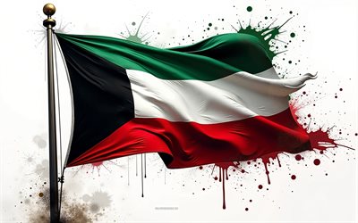 Kuwait flag, 4k, Kuwait flag on the flagpole, Kuwait paint splashes flag, grunge art, flag of Kuwait, grunge background, Kuwait
