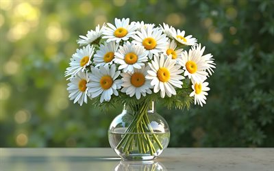 4k, bouquet di margherite in vetro vaso, daisies 3d, sfondo della natura verde, bouquet di margherite, fiori 3d bianchi, bouquet daisies, sfondo con margherite