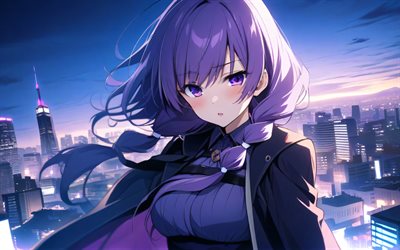 yuzuki yukari, 4k, nighscape, vocaloide, protagonista, occhi viola, manga, personaggi vocaloidi, cantanti virtuali giapponesi, yuzuki yukari vocaloid