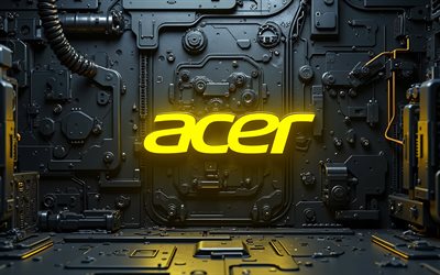 4k, Acer yellow logo, creative, metal backgrounds, yellow neon lights, Acer 3D logo, artwork, Acer metal logo, Acer logo, electronics brands, Acer