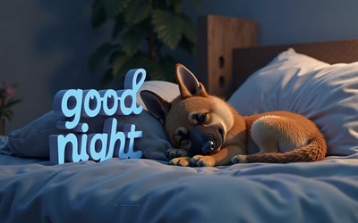 buona notte, 4k, simpatico pastore tedesco, buona notte inscrizione 3d, sleeping spese shepherd tedesco, buona notte auguri, concetti di buona notte, buona notte sfondo con i cani