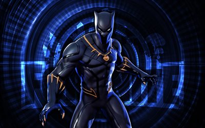 black panther fortnite, 4k, fond en spirale bleu, fortnite, créatif, peau de panthère noire, peau de panthère noire de fortnite, panthère noire, personnages fortnite