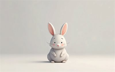 4k, conejo de dibujos animados, obra de arte, mínimo, lindo conejo, fondos grises, animales 3d de dibujos animados, minimalismo del conejo, conejo, conejos 3d, conejos de dibujos animados