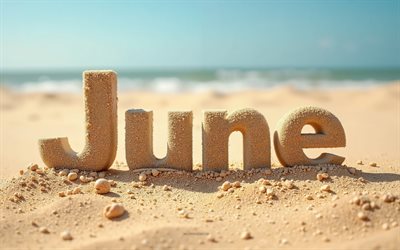 juni gjord av sand, 4k, början av sommarkoncept, juni, sommar, juni  koncept, sand, strand, hav
