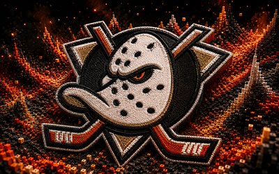Anaheim Ducks fabric logo, 4k, black orange 3D background, NHL, hockey, Anaheim Ducks logo, Anaheim Ducks emblem, american hockey team, Anaheim Ducks