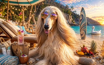 Afghan Hound, 4k, summer, tropical beach, beach accessories, sea, sun lounger, sunglasses, Afghan Hound on beach, dogs, cocktail, cute animals, beach, pets, dog in sunglasses, Afghan Hound Dog