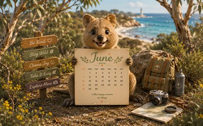 June 2026 Calendar, 4k, cute quokka in beach, 2026 June Calendar, little quokka, June, 2026 calendars, quokka, June Calendar 2026, summer, ocean