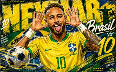Neymar Jr, 4k, green abstract background, Brazil national football team, CONMEBOL, brazilian footballers, Neymar Jr 4K, football, Neymar Jr art, vector art, soccer, national teams, Vinicius Jr, Neymar, CBF, Neymar Jr Brazil team