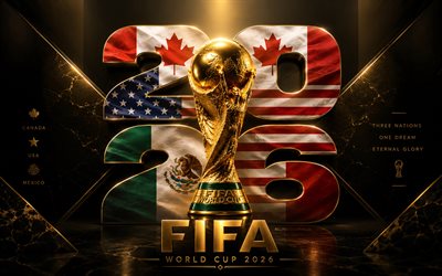 4k, 2026 FIFA World Cup, 3D flags digits, FIFA World Cup Trophy, golden glare, dark luxurious background, football, FIFA World Cup art, FIFA World Cup 2026, creative, golden trophy, soccer, FIFA World Cup
