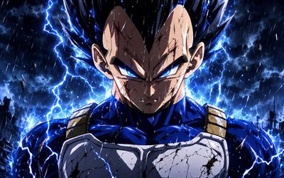 4k, Vegeta, rain, blue lightings, Dragon Ball, night, Super Saiyan Vegeta, Prince Vegeta, anime characters, Dragon Ball Z, Vegeta DBZ, Dragon Ball characters