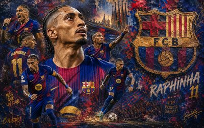 Raphinha, FC Barcelona, 4K, stone background, FC Barcelona logo, Raphinha FC Barcelona, mural art, football, Barcelona, Raphinha Barcelona, Raphael Dias Belloli