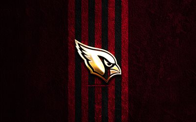 arizona cardinals logotipo dourado, 4k, pedra vermelha de fundo, nfl, time de futebol americano, arizona cardinals logotipo, futebol americano, arizona cardinals