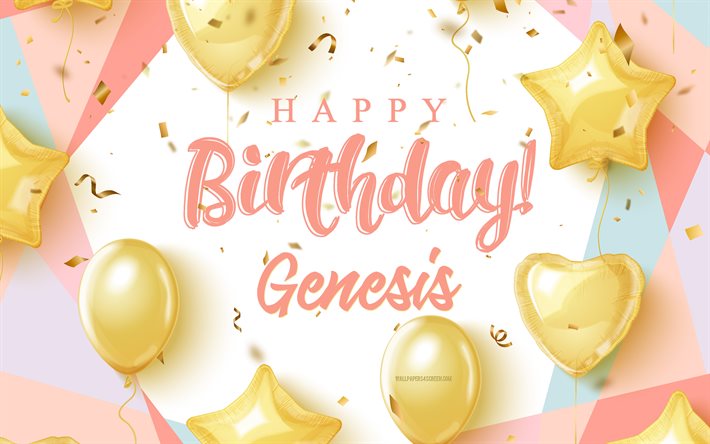 ジェネシスお誕生日おめでとう, 4k, 金の風船で誕生の背景, ジェネシス, 3 d の誕生日の背景, 創世記の誕生日, 金の風船, ジェネシス・ハッピーバースデー