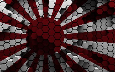 4k, flagge des imperiums von japan, 3d-hexagon-hintergrund, 3d-flagge des imperiums von japan, japanische nationalsymbole, imperium von japan