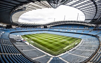 Etihad Stadium, The City of Manchester Stadium, 4k, inside view, football field, Premier League Manchester City FC Stadium, football, Manchester, England
