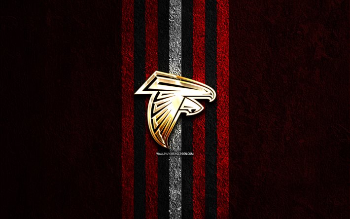 atlanta falcons الشعار الذهبي, 4k, الحجر الأحمر الخلفية, اتحاد كرة القدم الأميركي, فريق كرة القدم الأمريكية, شعار atlanta falcons, كرة القدم الأمريكية, اتلانتا فالكونز
