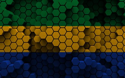 4k, flagge von gabun, 3d-hexagon-hintergrund, gabun 3d-flagge, tag von gabun, 3d-sechseck-textur, gabuns nationale symbole, gabun, 3d-gabun-flagge, afrikanische länder