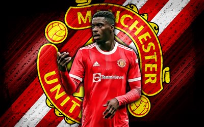 Axel Tuanzebe, 4k, red grunge background, Manchester United FC, soccer, diagonal lines, Premier League, Man United, english football players, Axel Tuanzebe Manchester United, football, Axel Tuanzebe 4K
